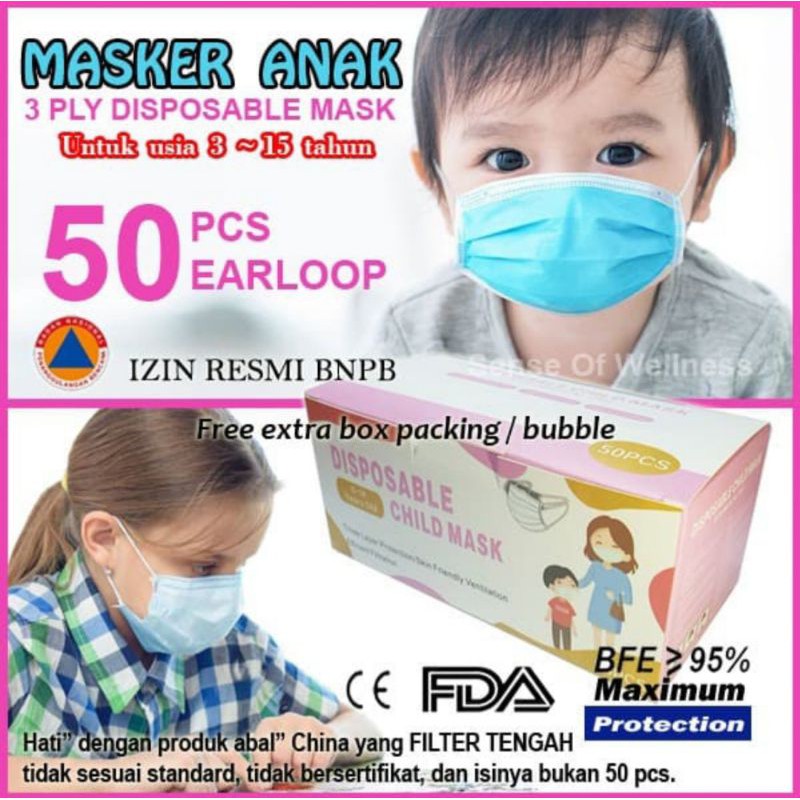 Masker Medis Anak 3ply Earloop Isi 50 - Masker Bedah Medis Surgical Mask Earloop Anak