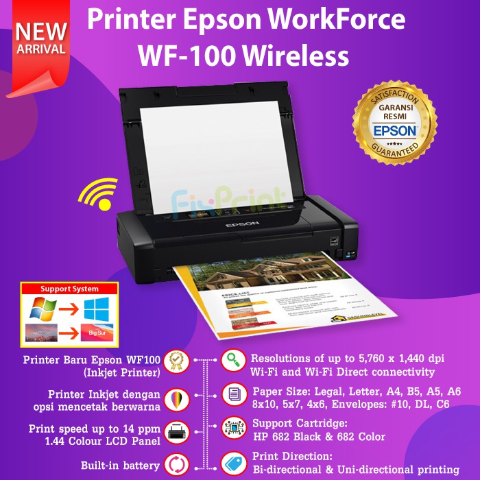 Printer Epson WF-100 WorkForce WF100 Printer Portable Wireless WiFi Tinta Cartridge C13T289 C13T290