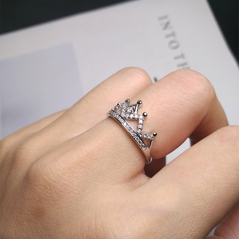 Cincin Berlian Mahkota Elegan Perhiasan Fashion Wanita Baja Titanium Perak Rings