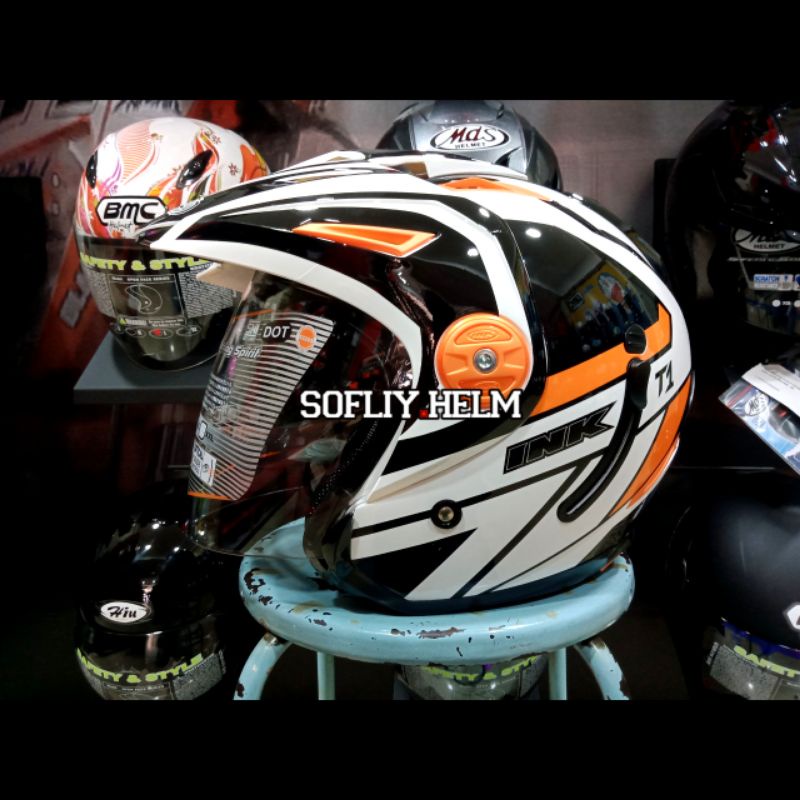 HELM INK T1 #1 WHITE BUMBLE BEE GUNMETAL DOUBLE VISOR INK HELM T 1 MOTIF INK ORIGINAL HALF FACE