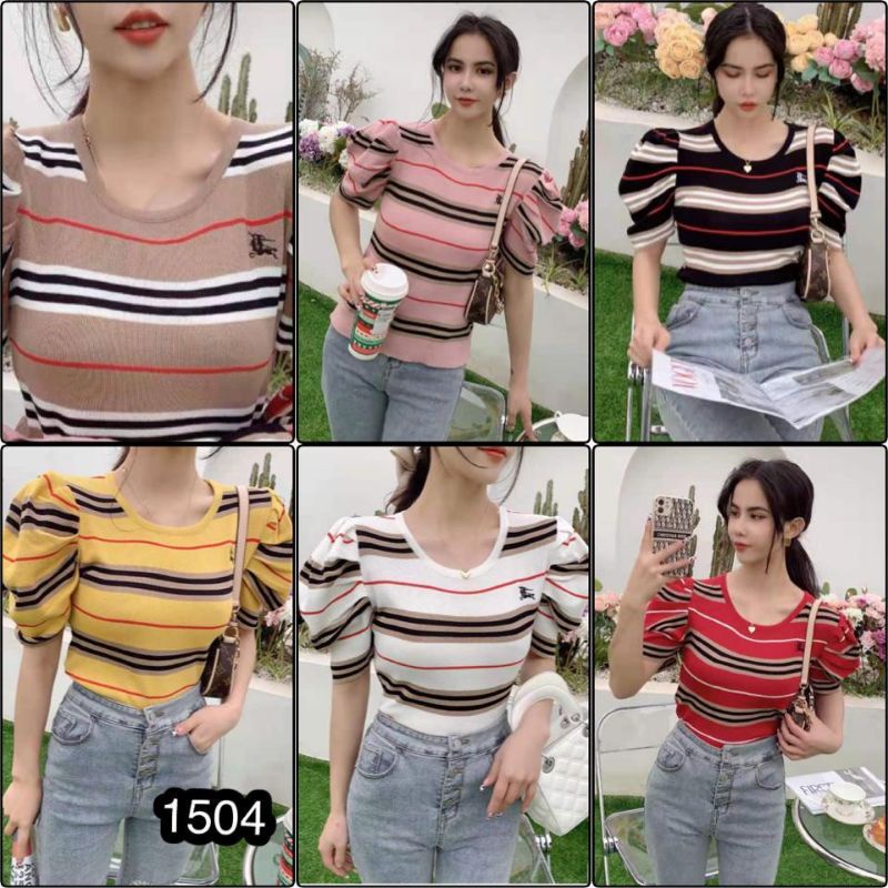 Monogram  and Stripe Puff Sleeve Knit Blouse Import ( Atasan rajut motif tangan balon )