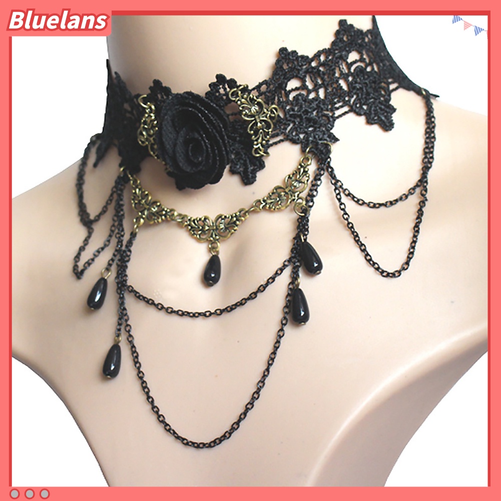 Bluelans Kalung Choker Rantai Liontin Bunga Mawar Bahan Lace Hollow Untuk Wanita