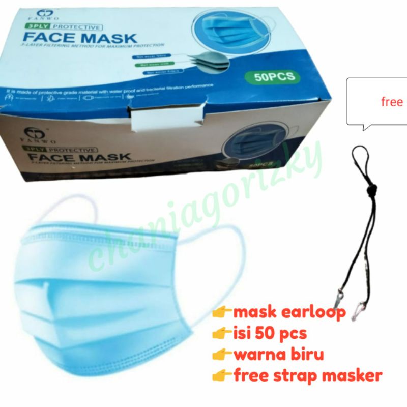 (1BOX) MASKER EARLOOP 3PLY WARNA BIRU (free strap masker)