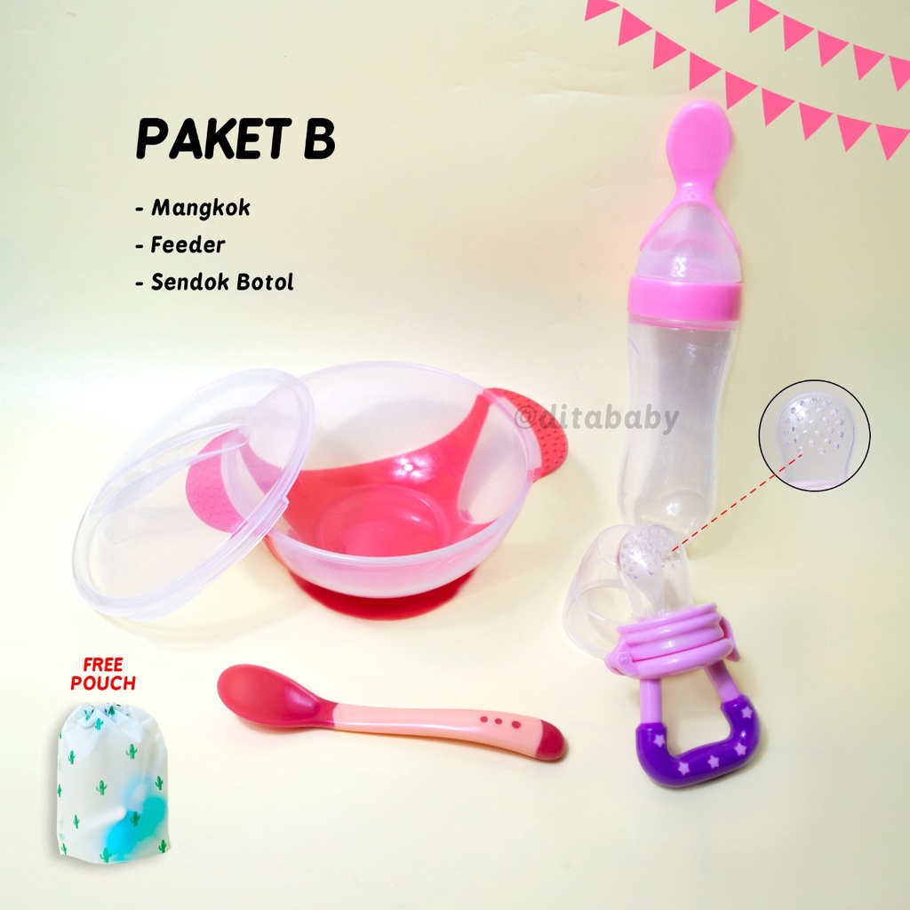 Paket Peralatan makan Mpasi Bayi Mangkok sendok Baby feeder buah sendok botol Paket MPASI 4 in 1 paket free pouch