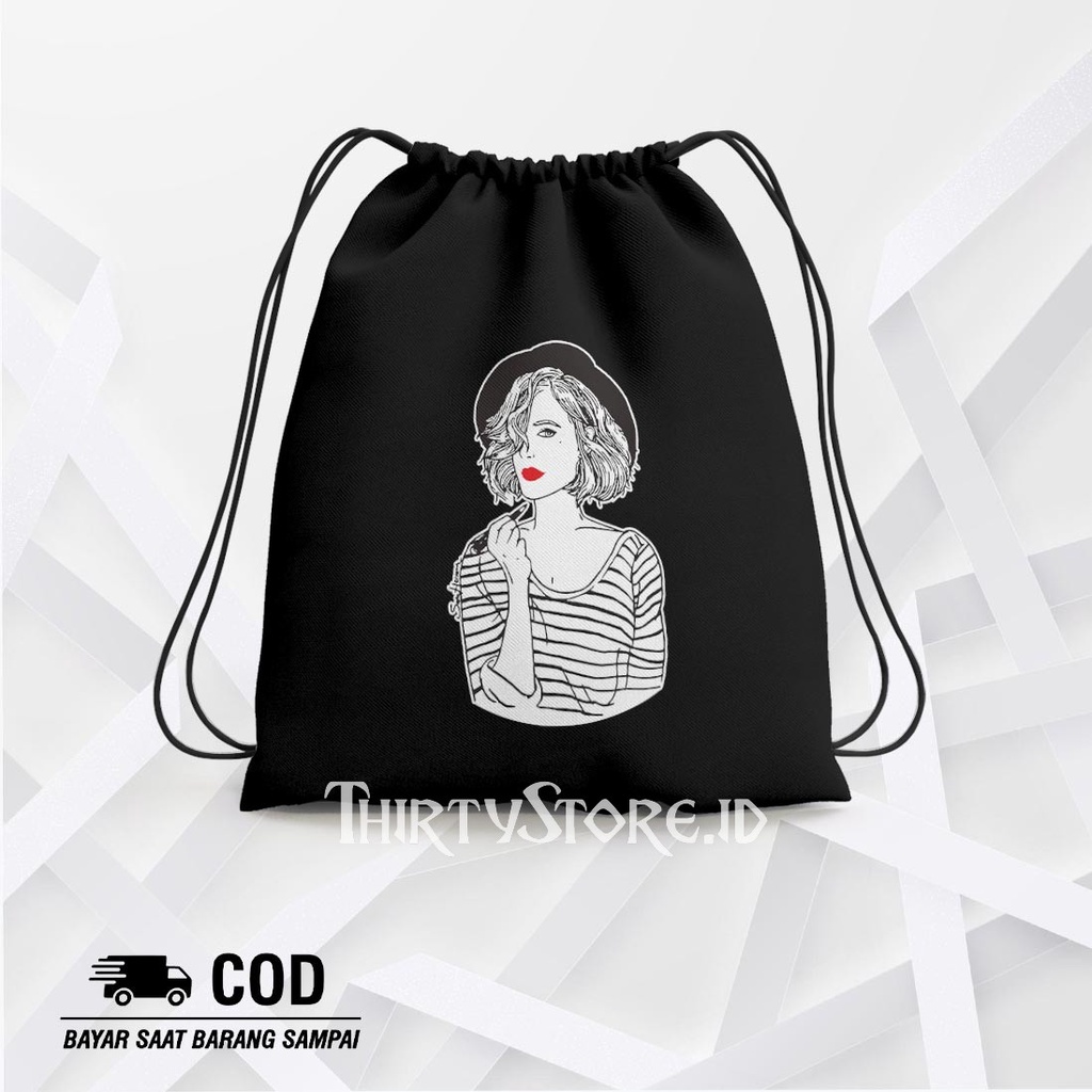 Tas Serut String Bag Red Lips Girl - Drawstring Bag Waterproof | Thirty Store.Id