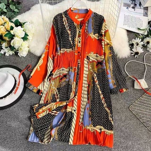 tunik midi dress plisket import