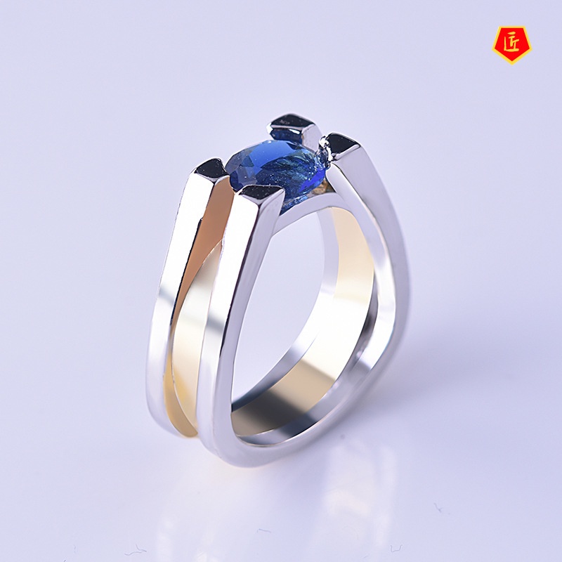 [Ready Stock]Inlaid Sapphire Ring 18K Gold Two-Tone