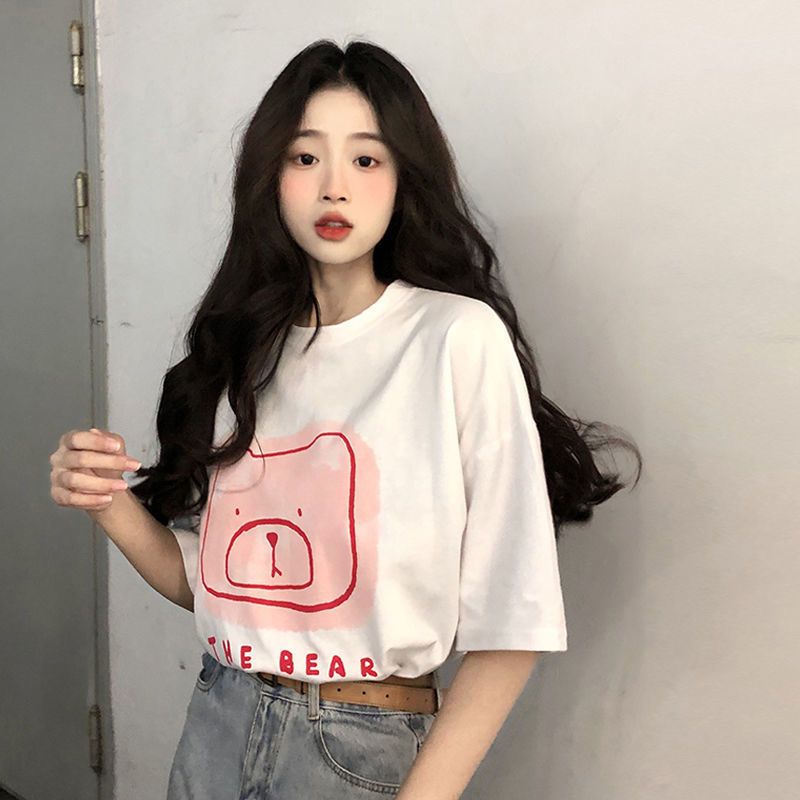 THISTLE - Oversize Tee Tshirt Wanita Model Longgar Motif The Bear Pink 2