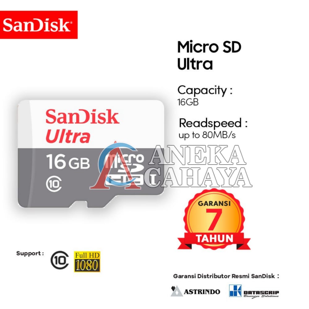 Memory Card | Micro SD 16GB SanDisk Ultra up to 80Mbps Class 10 - Garansi Resmi 7 Tahun