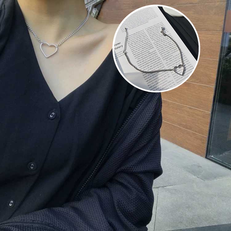 Kalung Rantai Choker Heart Aksesoris Fashion Wanita - Kalung Rantai Hollow Heart Silver Necklace