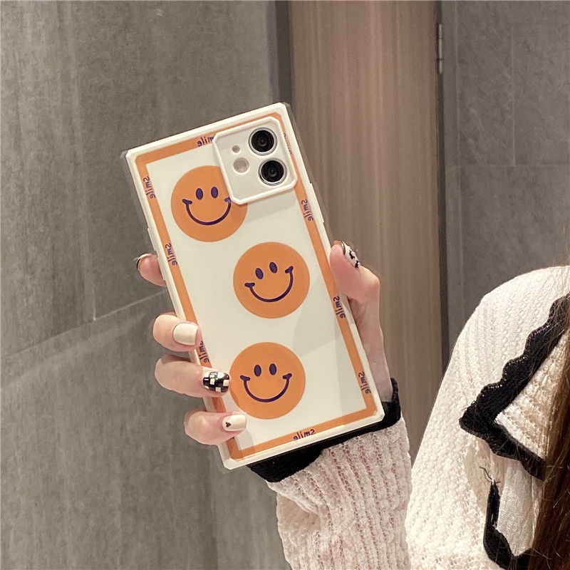 Casing Ponsel untuk iPhone 7 8 Plus SE 2020 11 12 Pro Max Silikon Square Orange Smiley Kartun Casing Ponsel untuk iPhone XR Xsmax Casing Tahan Guncangan grrt