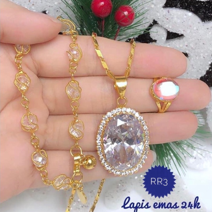 (JAN) Xuping Set Perhiasan DEWASA Lapis Emas 24 Karat Gelang Cincin Kalung Liontin Berlian Putih Ben
