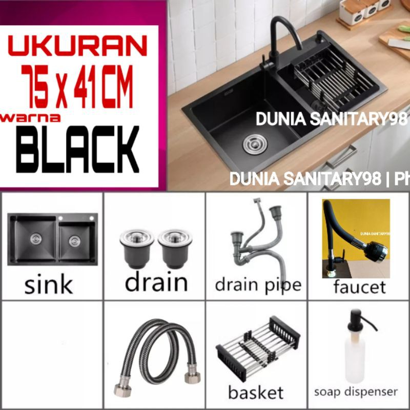 Paket Kitchen Sink ONAN 7541 Black bak cuci piring ONAN Stainless sus 304 Hitam