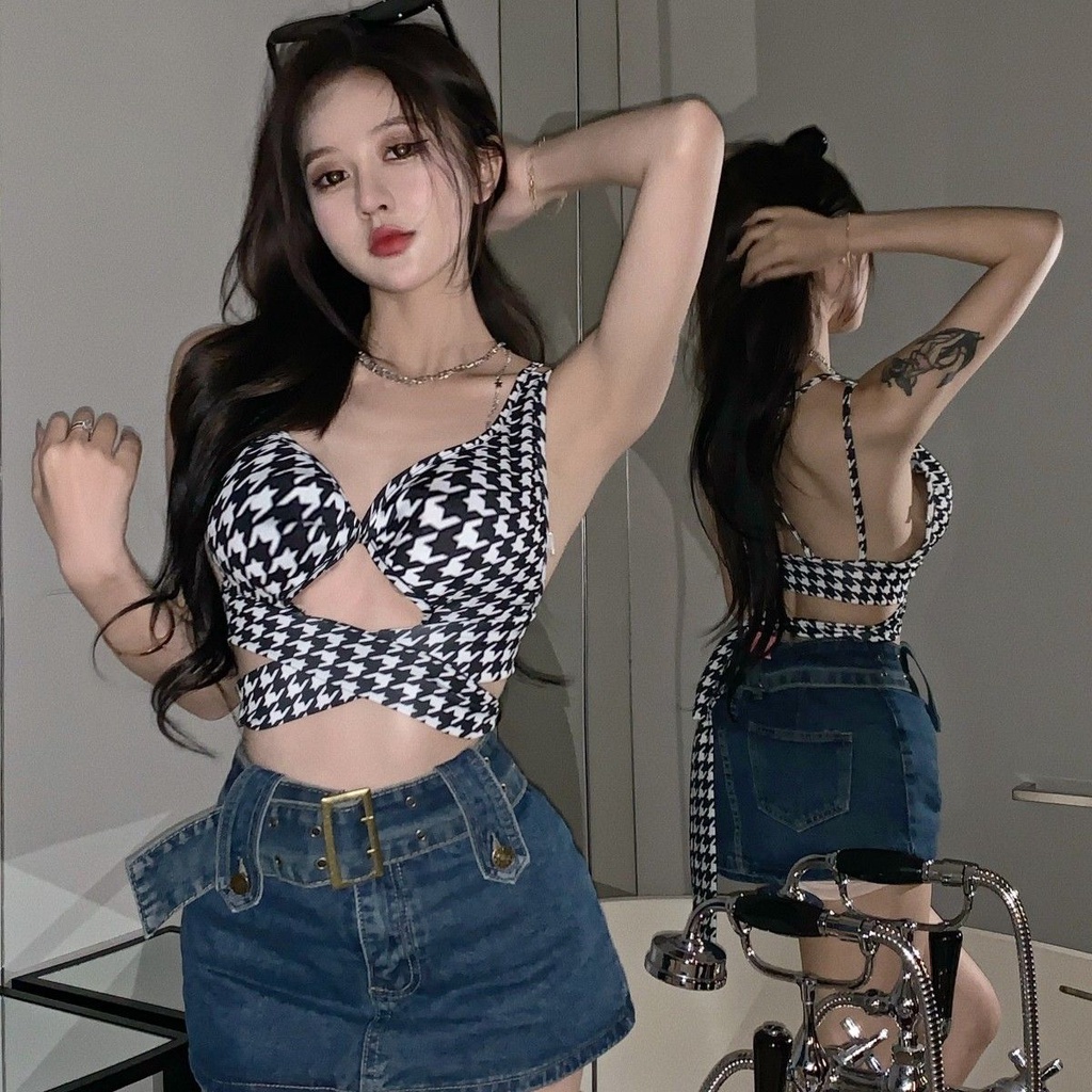 Suhao Xia memakai seksi berongga halter neck halter houndstooth kamisol wanita murni nafsu manis gadis hot tube top short top