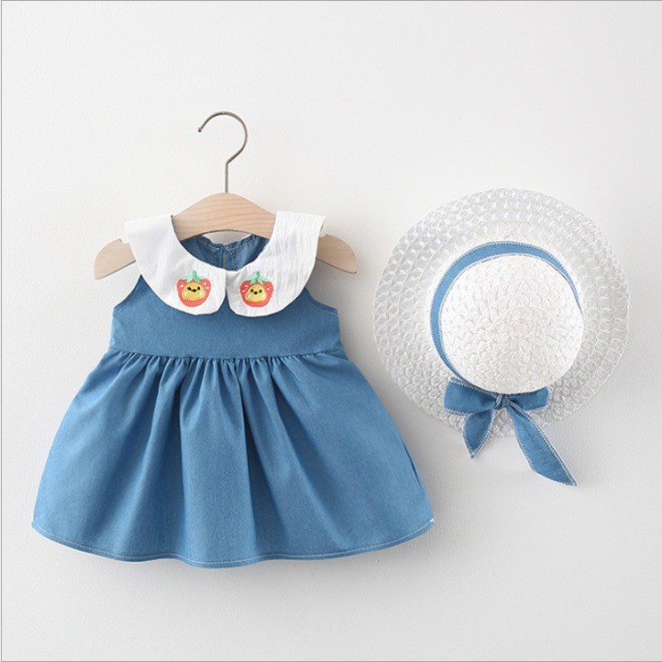 Set Dress dan topi bayi anak /baju dress anak/pakaian anak perempuan  warna biru jeans premium