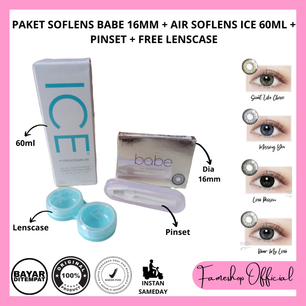 PAKET SOFTLENS BABE DIA 16MM NORMAL &amp; MINUS + CAIRAN ICE 60ML + PINSET + LENSCASE / COD INSTAN SAMEDAY / LENSA KONTAK / PAKET MURAH