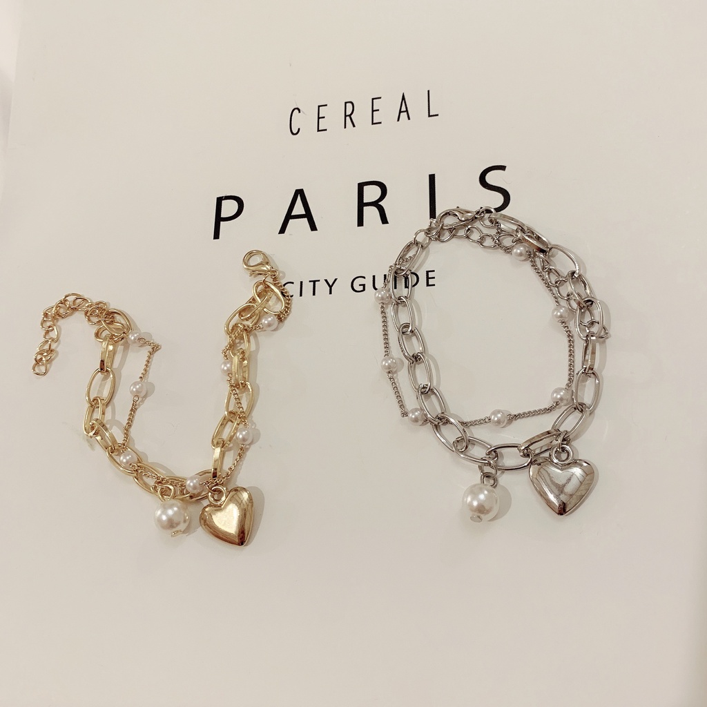 Gelang Liontin Hati Persik Retro Modis Gelang Mutiara Wanita Lapisan Ganda Mewah Ringan