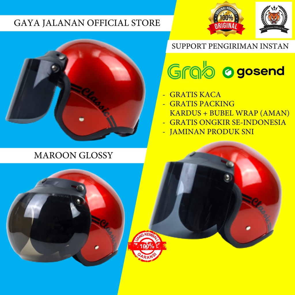 Helm Bogo Retro Wanita Pria Remaja Dewasa Classic Original Sni Hijab Helem Kaca Datar Cembung Cowo C