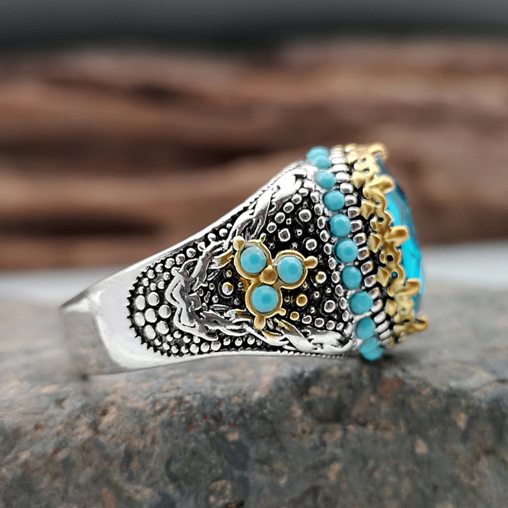 Hu Hu Hu Hu Hu Alat Bantu Pasang Kacamata♡ Cincin Pria Hias Turquoise Biru Berlian Imitasi Gaya Vintage Untuk Pernikahan