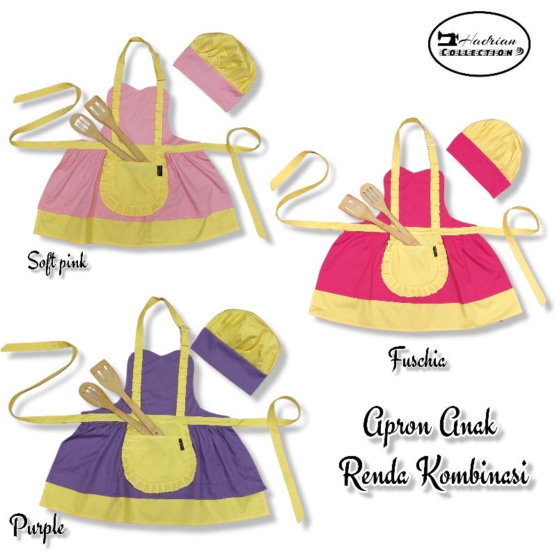 Celemek Apron Renda Anak dan topi koki Free Bordir Nama Anak ( usia 2 - 12 tahun )