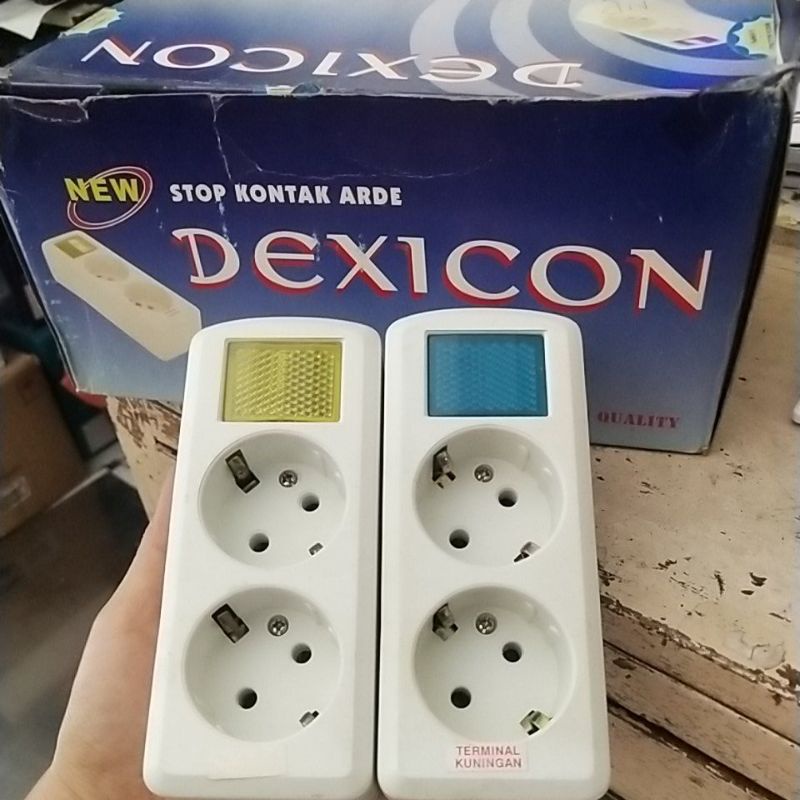 Stop kontak Arde Dexicon 2 lubang terminal kuningan  ada lampu + mata kucing