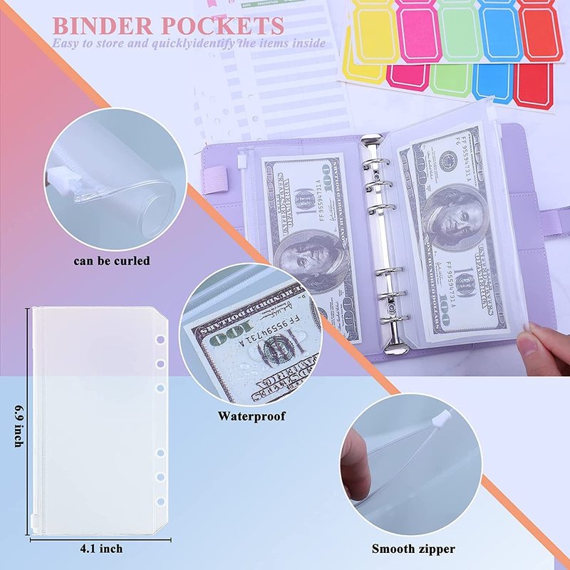 6 Budget Binder Money Organizer for Cash, Portable Money Saving Binder, Binder Cover with Zipper Pockets, Colorful Dividers