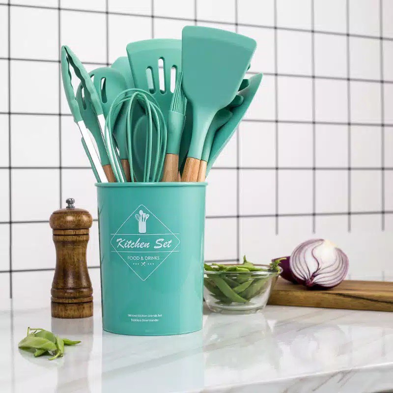 Spatula Set Silikon Full 12pcs Kitchen Baking Utensils Set Sutil Alat Dapur / pengocok telur sutil sodet capitan sendok sayur sendok mie spageti gorengan sop daging silicon gagang kayu dengan tempat tidak meleleh