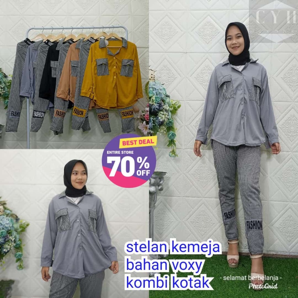SETCEL KEMEJA KOMBI KOTAK BAHAN VOXY / FASHION PAKAIAN WANITA / 5663