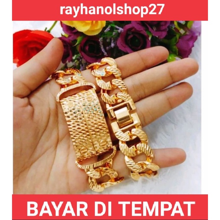 PERHIASAN WANITA DEWASA GELANG TANGAN RANTAI TITANIUM GOLD JUMBO LAPIS EMAS 24 K ANTI KARAT 4 VARIASI MOTIF PILIHAN MODEL NYA