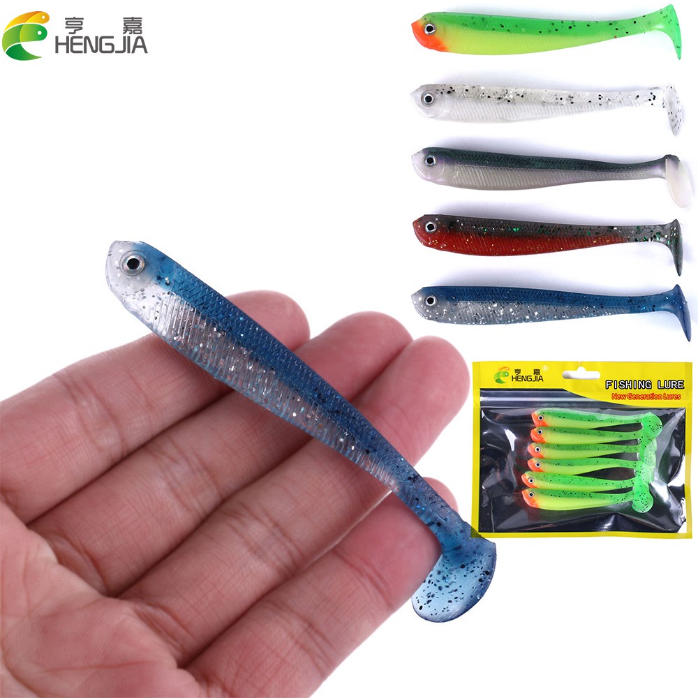 HENGJIA 6PCS/Bag 9cm/4.6g Soft Bait Fishing Lure 3D Eye T Tail Artificial Bait Pike Silicone Worm Bait