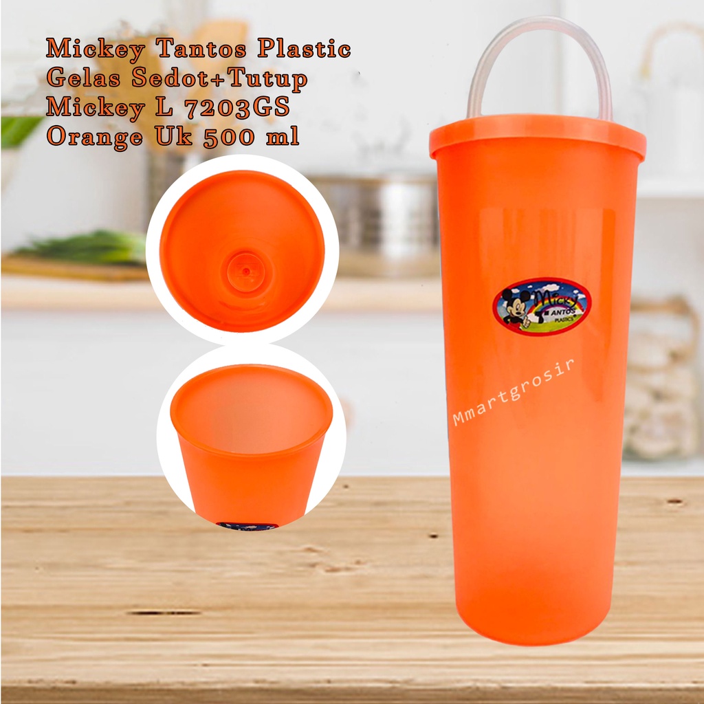 Mickey Tantos Plastics / Gelas plastik / Gelas Sedot+Tutup Mickey L 7203GS / Orange / 500 ml