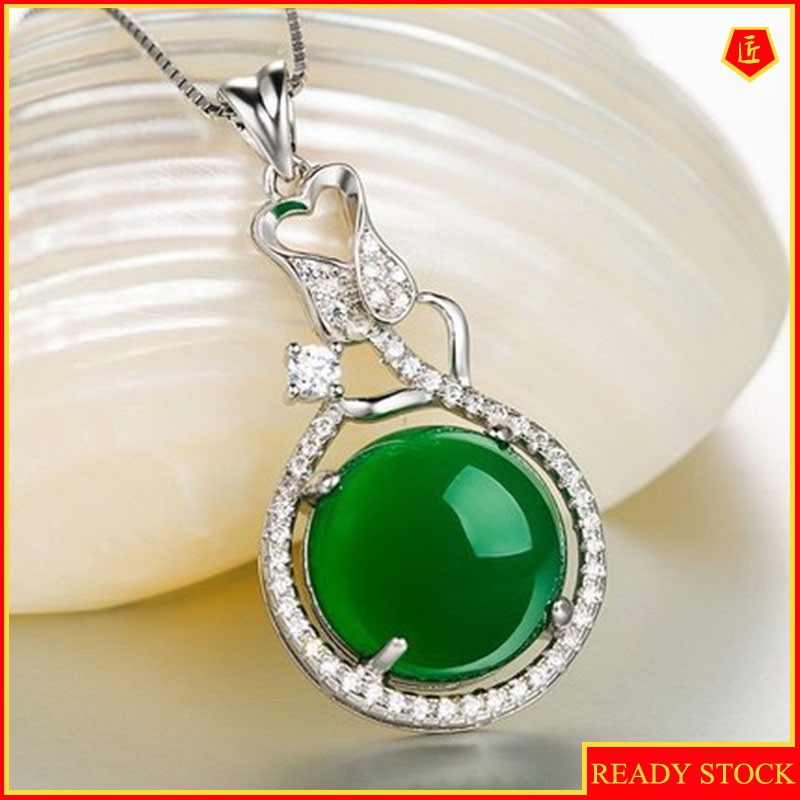 [Ready Stock]Green Chalcedony Silver Necklace Women's Fashion Pendant