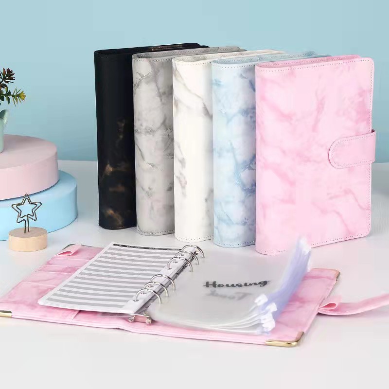 A6 Marmer Binder Cover Dengan 12pcs PVC Kantong Ritsleting Tahan Air Marbling PU Cover Perencana Anggaran Kertas Kas Amplop NoteBook