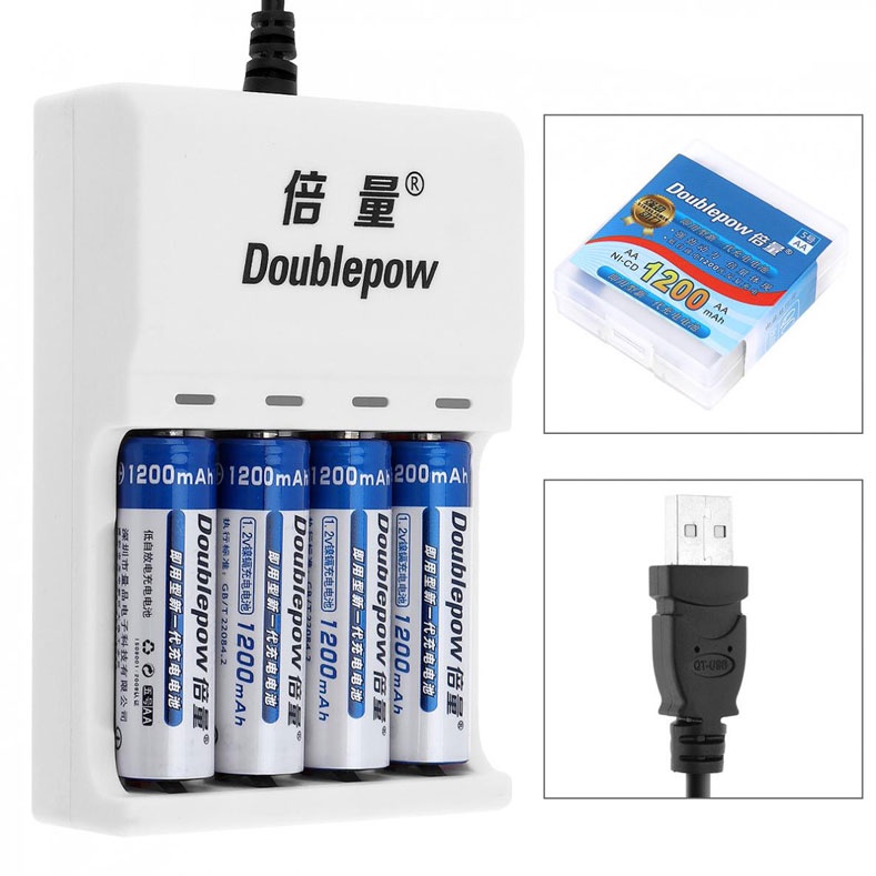 DOUBLEPOW Charger Baterai 4 slot AA/AAA with 4 PCS AA Battery Rechargeable NiMH 1200mAh - DP-U82 - White