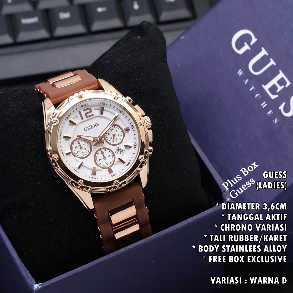 (FREE BOX) JAM TANGAN WANITA GUESS TALI RUBBER BODY BULAT TANGGAL AKTIF CHORNO VARIASI