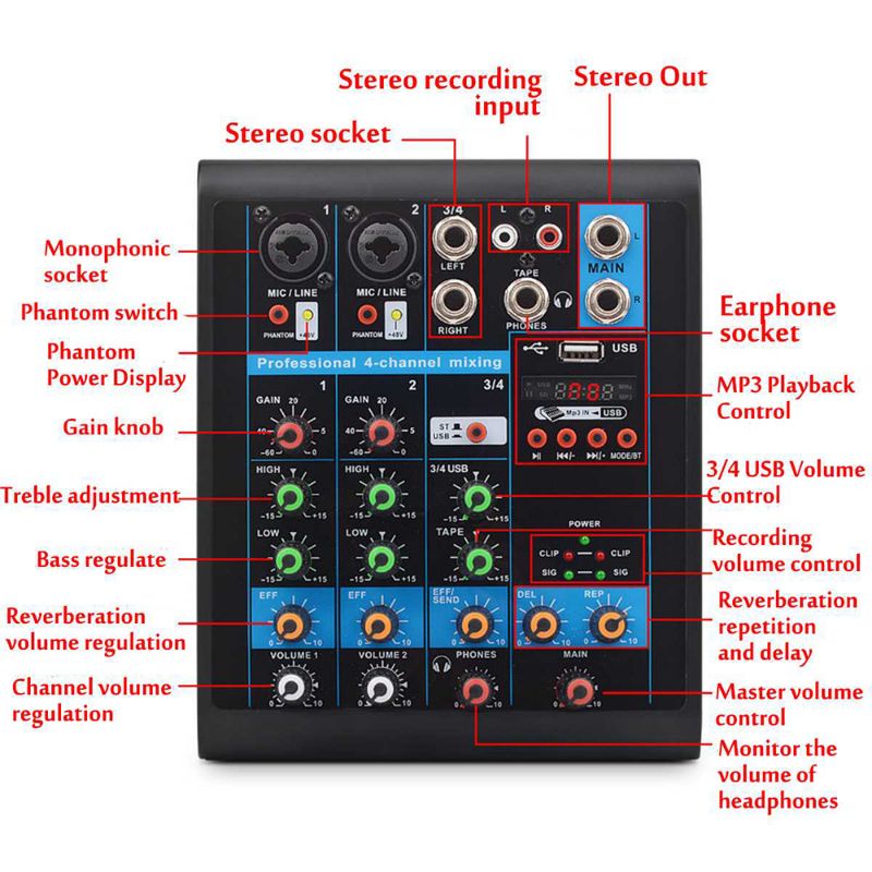 USB Mini Portable Live Audio Mixer Karaoke DJ 4 Channel 