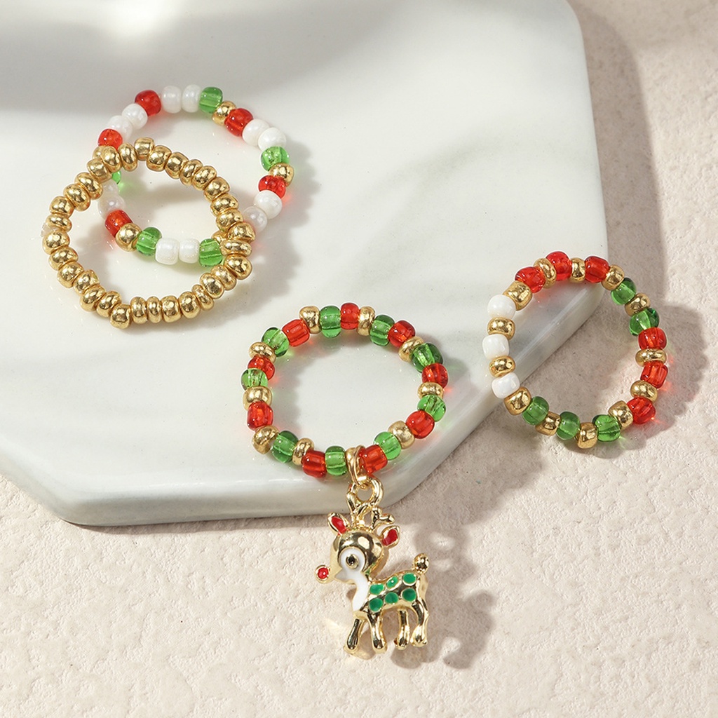 Hu Hu Hu Hu Hu Alat Bantu Pasang Kacamata♡ 4pcs / Set Cincin Manik-Manik Bentuk Rusa Natal Untuk Wanita