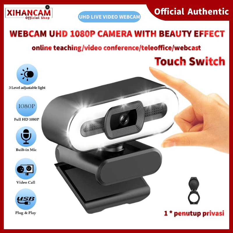XIHANCAM 3Led Ring Light Webcam Laptop 1080P USB Kamera Webcam PC Live Streaming With Mic Untuk Zoom