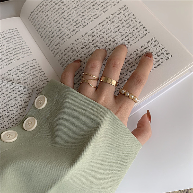 4 Pieces Set Pearl Ring for Women Korean Fashion Simple Ring Geometric Ring Jewelry Fashion Accessories