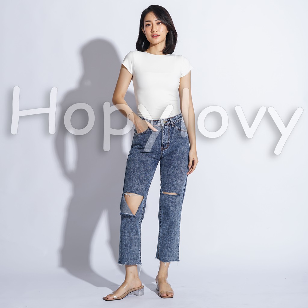 HOPYLOVY - Celana Jeans Boyfriend Wanita Sobek Lutut Unfinished Kaira