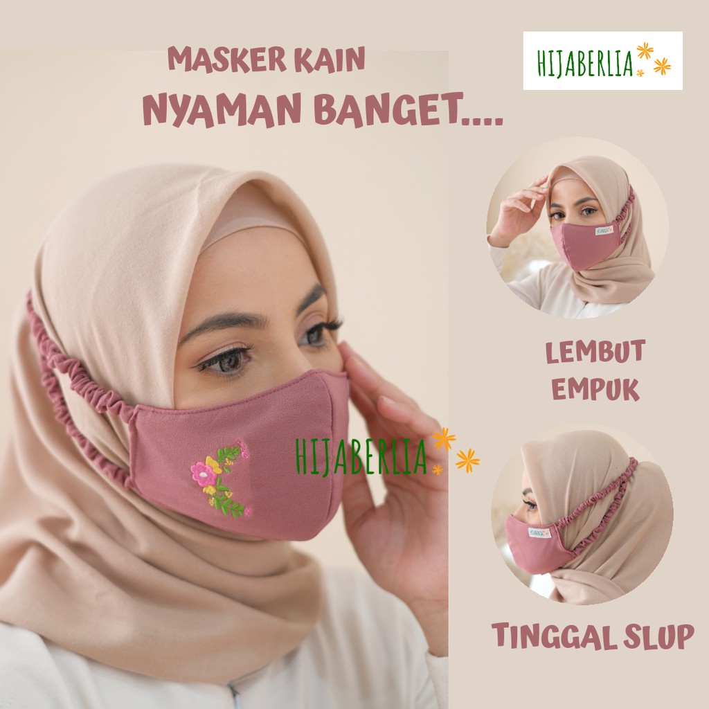 Masker Hijab Kain 3 ply 3ply tali serut headloop 3 lapis cantik lucu motif pesta BUNGA LENGKUNG