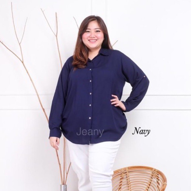 Kemeja Cewek Polosan Basic Navy Biru Dongker Tua Rayon Warna Pekat Mewah Elegant S,M,L,Xl,XXL,XXXL