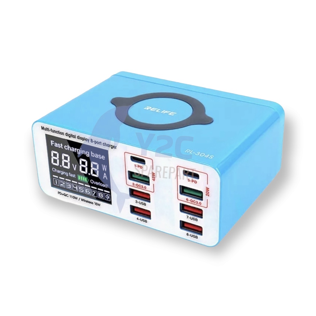 ADAPTOR WIRELESS RELIFE RL-304S 8 PORT USB DIGITAL SMART SUPER FAST CHARGING 45 WATT / ALAT SERVIS SERVICE HP