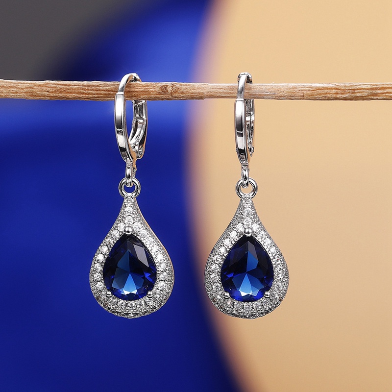 Anting Juntai Cubic Zirconia Bentuk Water Drop Warna Biru Untuk Wanita