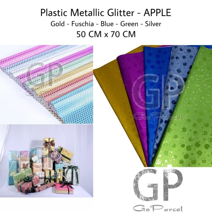 ( 3 Lembar ) PLASTIC METALLIC GLITTER - APPLE - KERTAS KADO PLASTIK KADO EXCLUSIVE GLITER PERAK SILVER METALIC LOVE STAR SALUR AKAR EXCLUSIVE ELEGAN FANCY GIFT WRAPPING PL