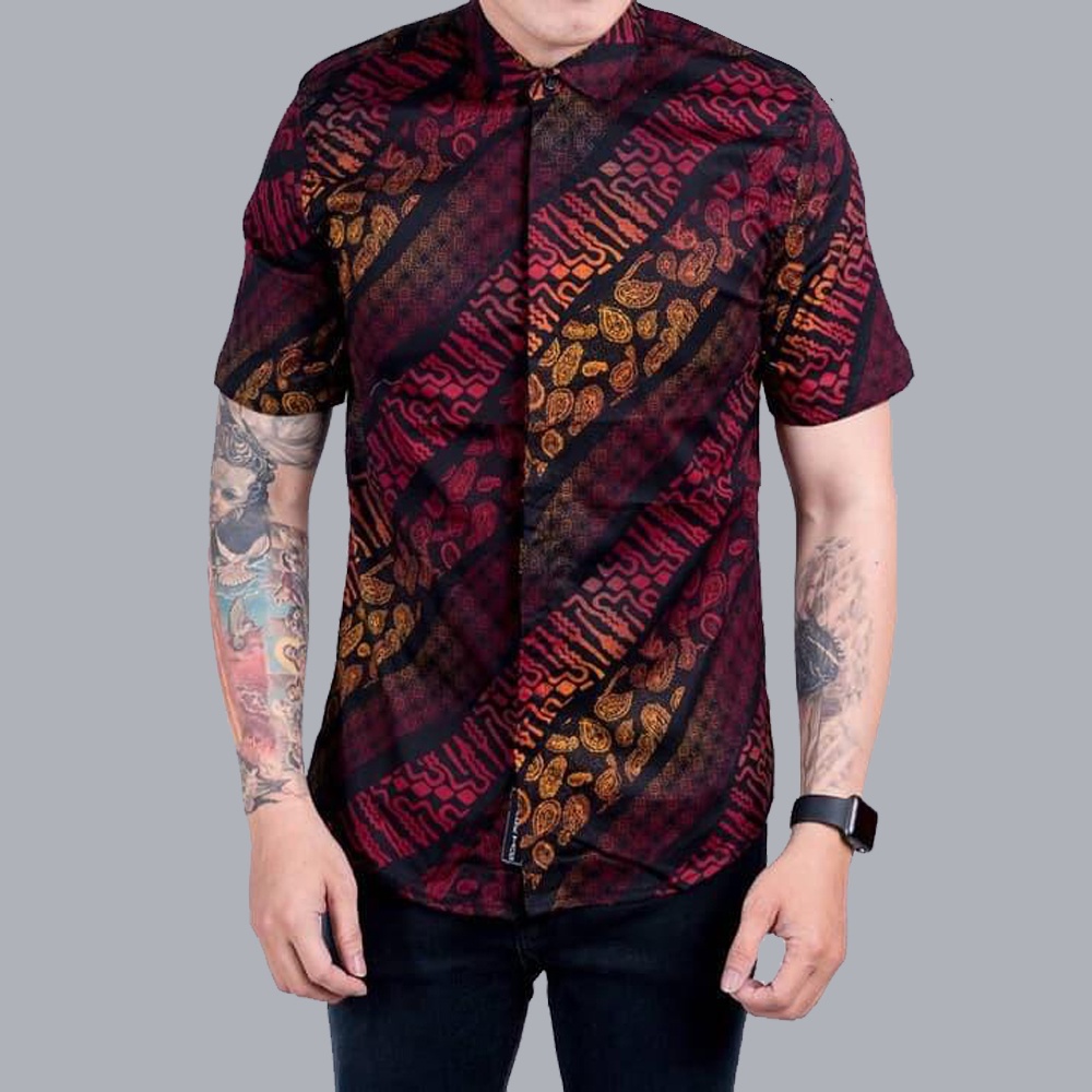 Maciku Kemeja Batik Pria songket best seller Lengan Pendek batik pendek batik gradation merah