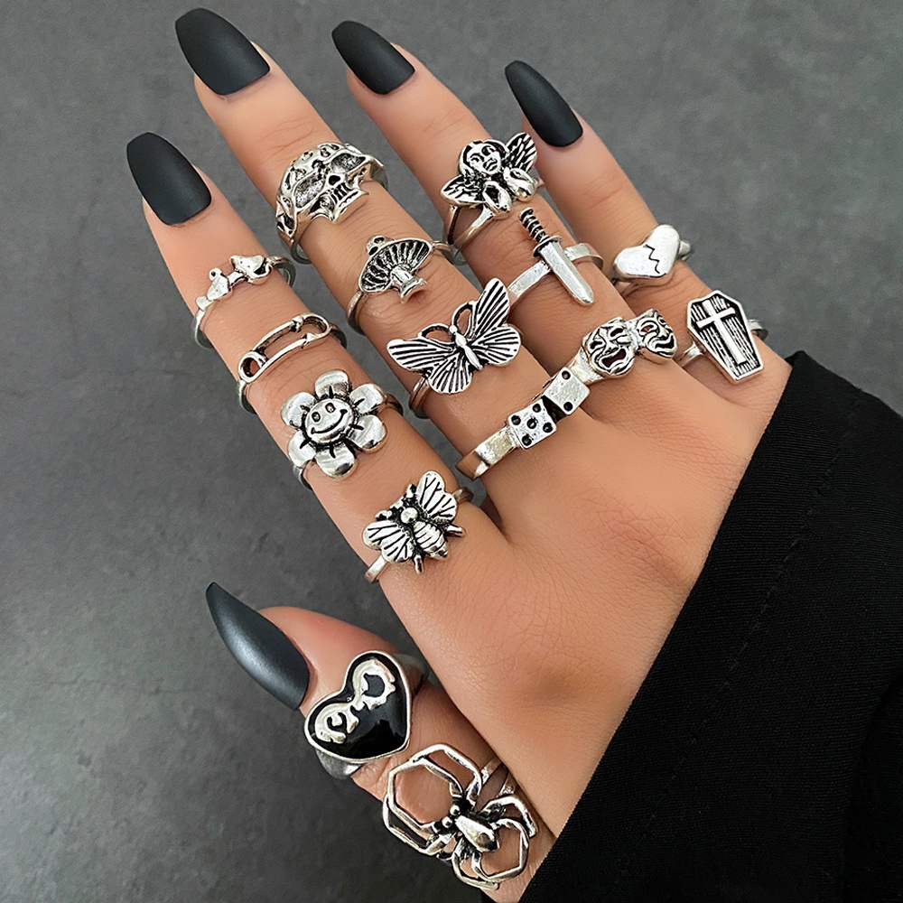 Set Cincin Desain Kerangka Sayap Malaikat Kupu-Kupu Dewa Asmara Warna Silver Gaya Punk Gothic Untuk Wanita Charms