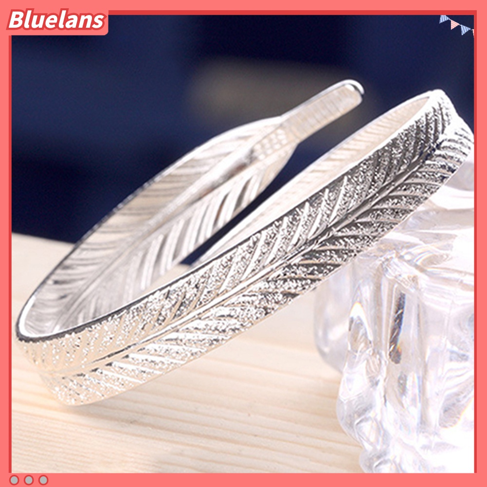 Gelang Bangle Model Terbuka Lapis Silver Bentuk Bulu Gaya Vintage Adjustable Untuk Wanita