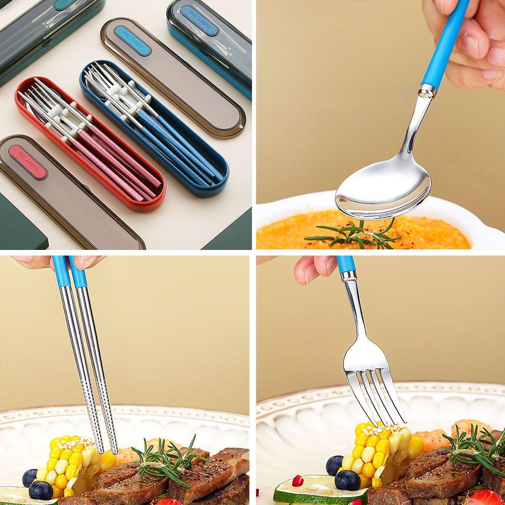 Solighter 3PCS/Set Sendok Garpu Sumpit Set Travel Alat Makan Camping Dengan Box Holder Cutlery Set