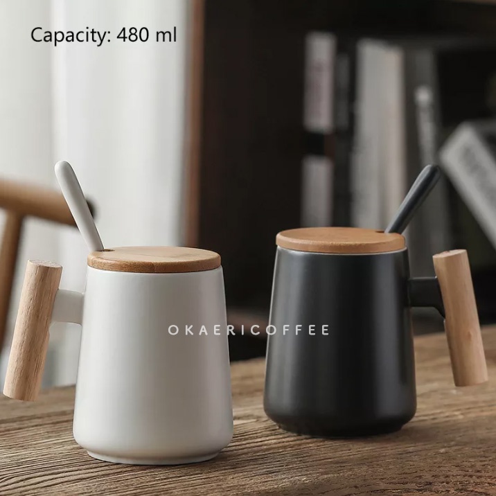 Gelas Keramik 480ml dengan Tutup Kayu dan Sendok - Cangkir Kopi Teh Estetik Jepang